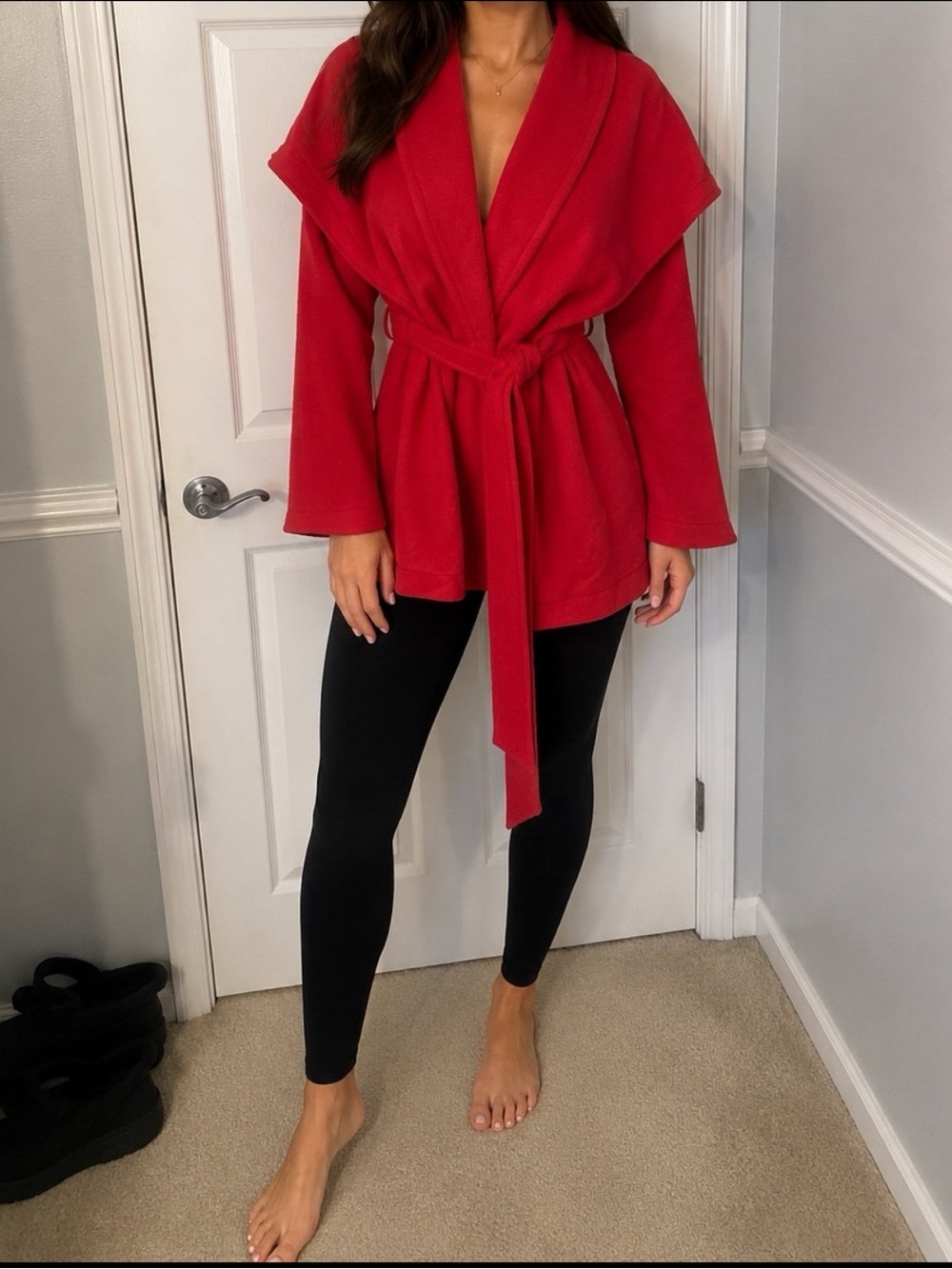 Women’s Red Belted Open Front Jacket Blazer Coat Blouse Top Overcoat Cape